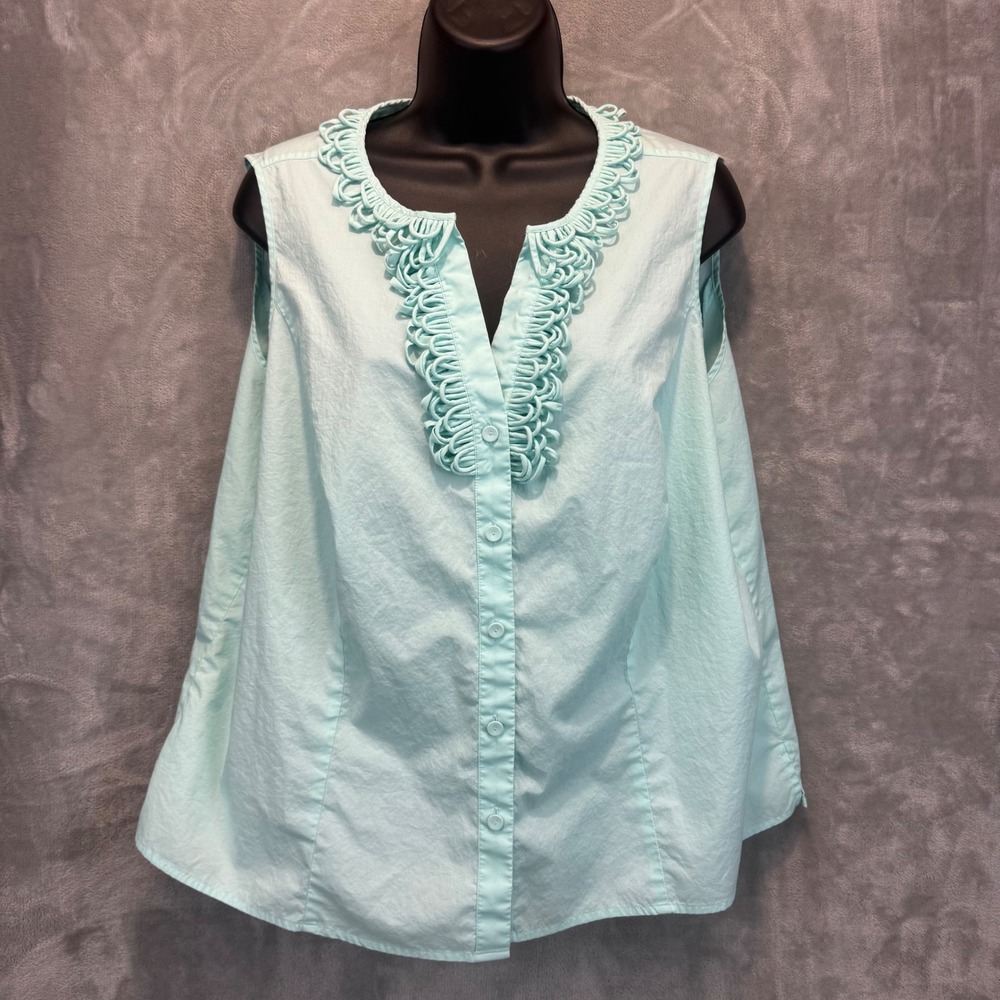 Talbots Mint Green Sleeveless Ruffle Neck Button Down Shirt 16W Woman Petites